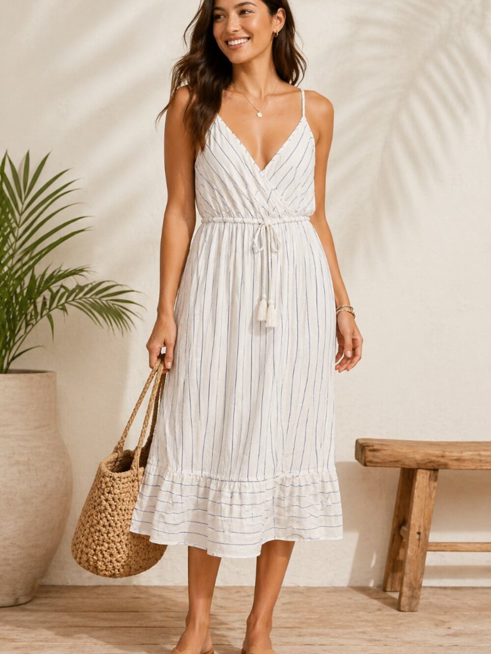 Striped White V-Neck Midi Dress with Tie Waist